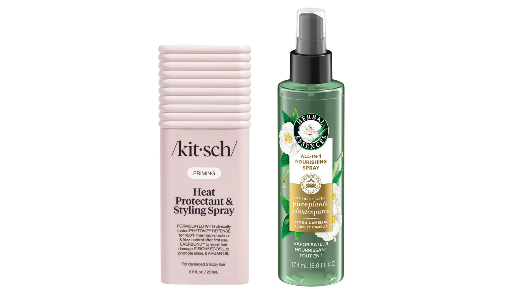 A collage with two different spray leave in products for hair