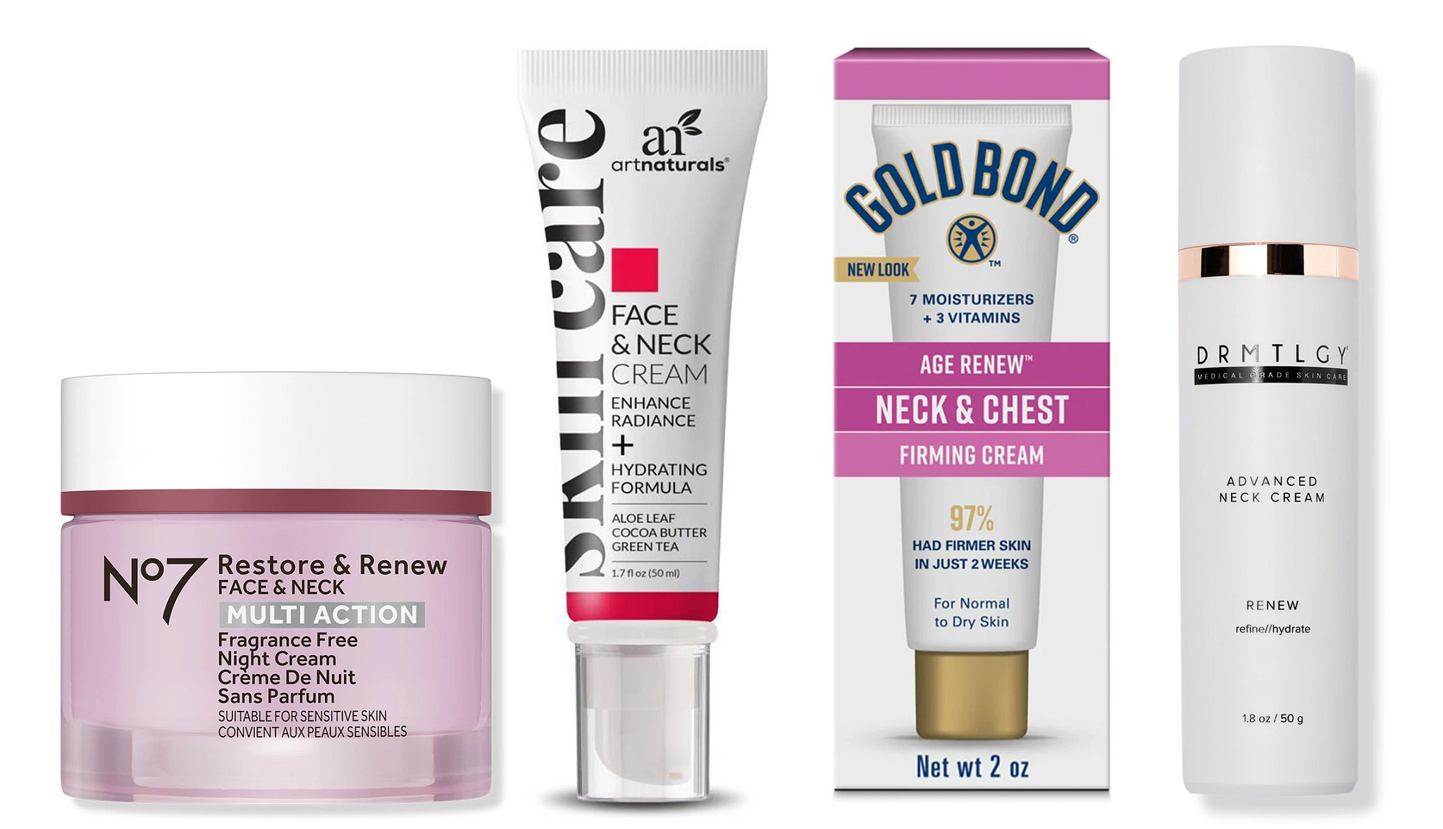 a collage with four different products for face and neck