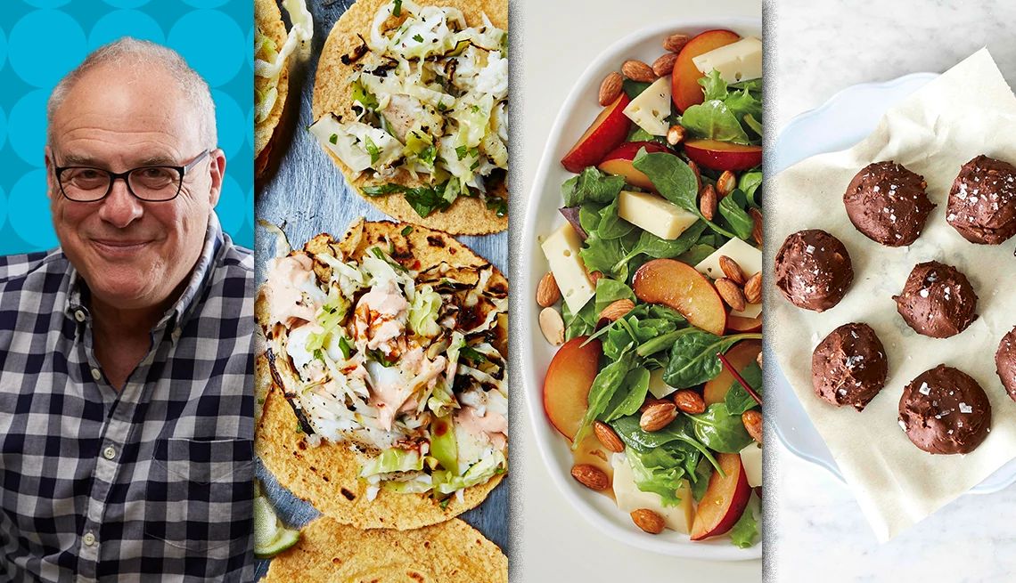 Mark Bittman Menu for Two A photo collage, divided horizontally into four equal parts, shows Mark Bittman, his baja-style fish tacos, salad with plums and salted chocolate peanut butter bonbons.
