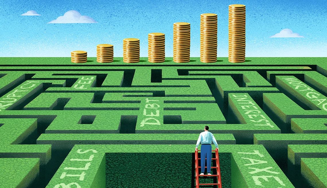Pros Fix Your Money Woes illustration of a person at the top of a ladder looking over a green maze with the words mortgage, debt, taxes and other financial terms, and stair-stepped stacks of gold coins beyond