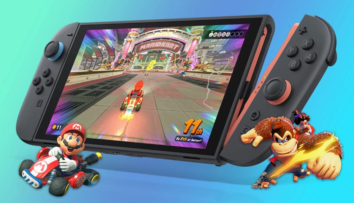 A Grownup’s Guide to Switch 2 A photo and graphic illustration shows a Switch 2 with Mario Kart World on the screen. Also in the illustration are graphic cutouts of Mario and Donkey Kong