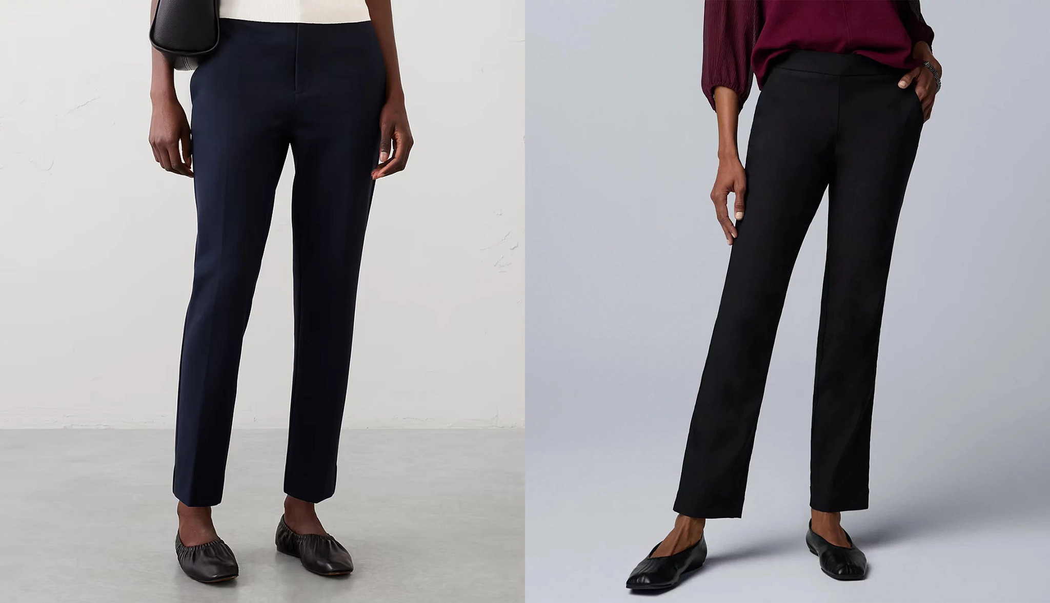 a collage with two different styles of polished straight leg trousers for women