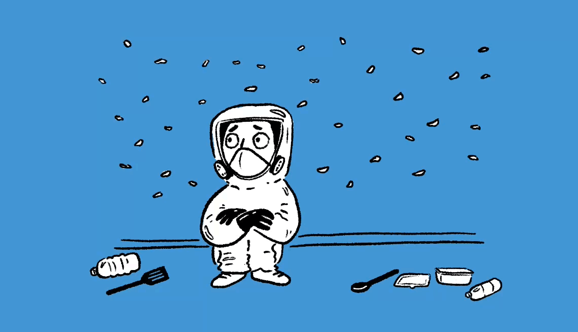 How Harmful Are Microplastics? illustration of a man in a hazmat suit hiding from microplastics