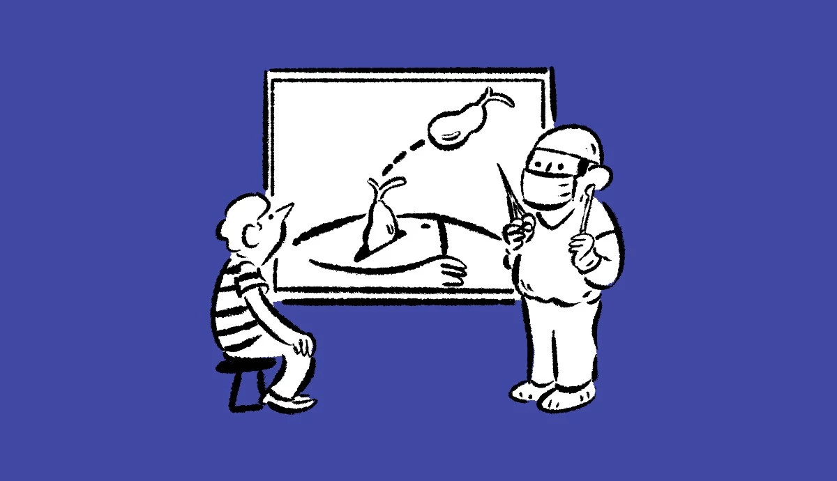 An illustration on a purple background shows a seated patient looking at a diagram of a gallbladder while a surgeon in scrubs holds medical tools.