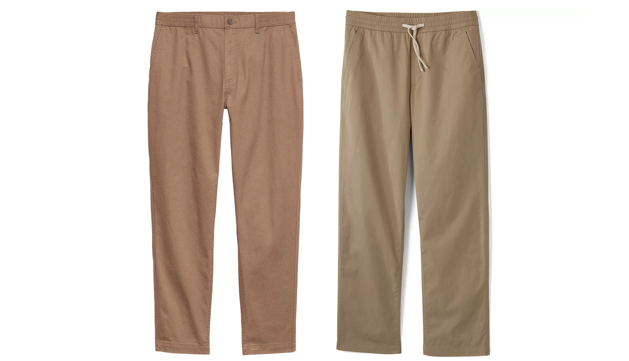 a collage with two different styles of tan mens trousers