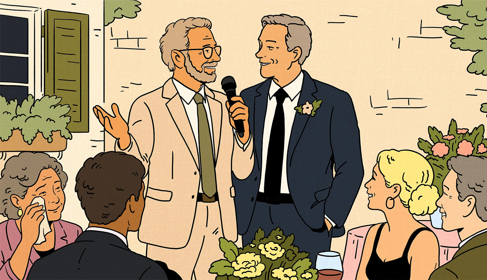 an illustration shows an older adult male giving a speech at a wedding. The groom is standing next to him