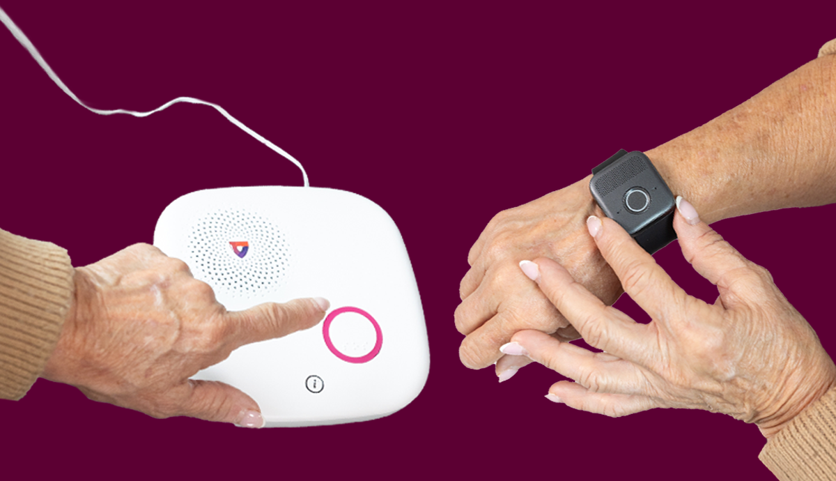 Tester presses button on Medical Guardian home device and watch
