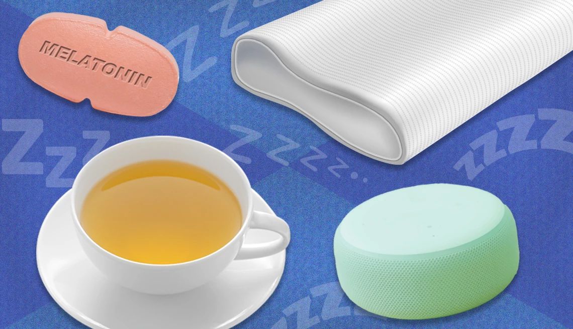 a collage of images of items that help you sleep, like tea and melatonin