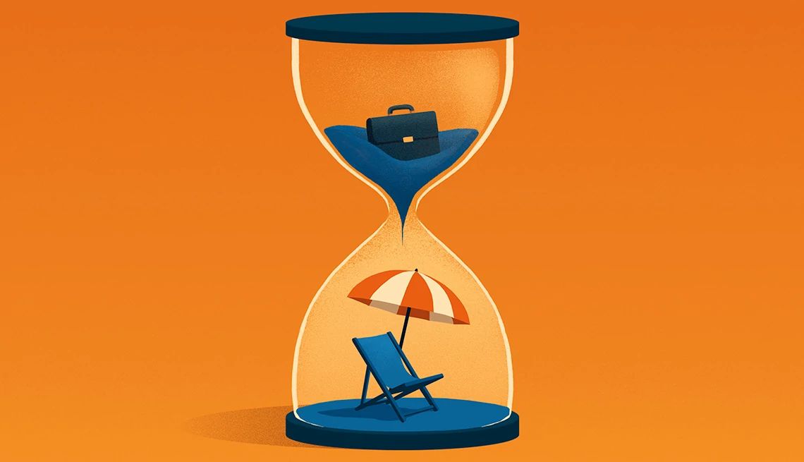 Job Downshift an hourglass with a suitcase at the top and a beach chair at the bottom