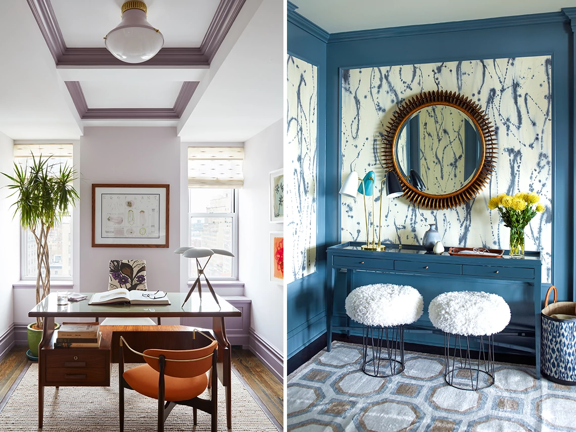 left: an office with light purple accent wall and an orange chair; right: a room with blue wallpaper