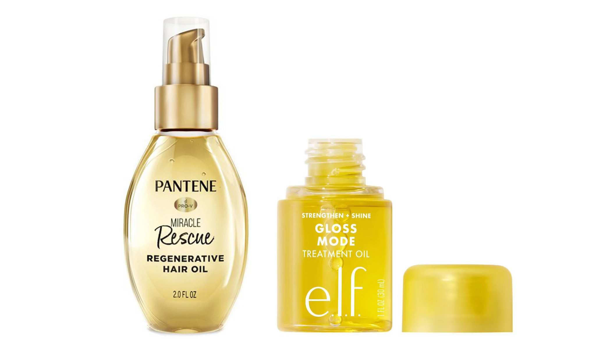 A collage with two different hair oils that can be purchased at the drugstore