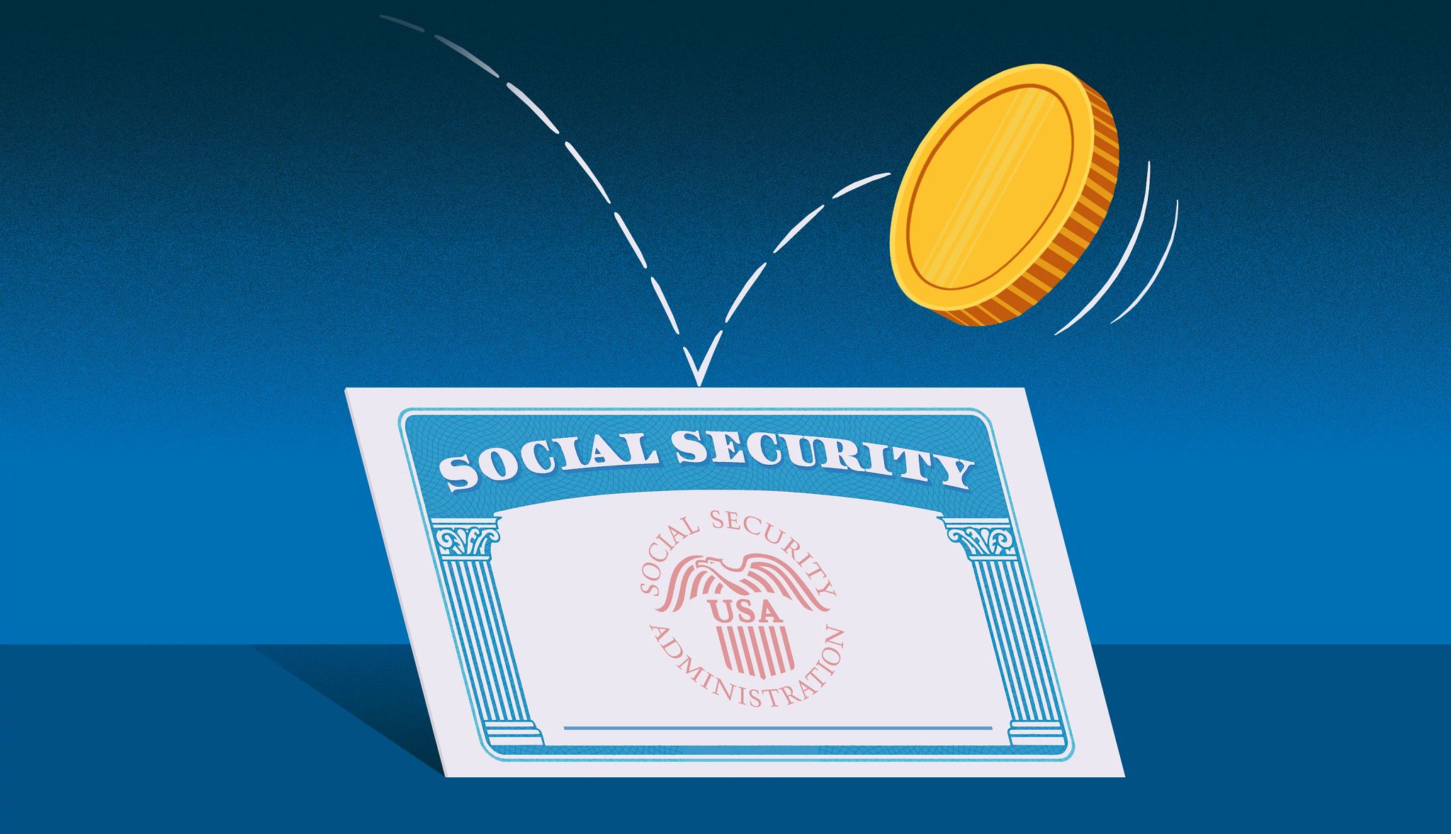 ¿Las ganancias de capital y los dividendos cuentan para el límite de ganancias del Seguro Social? ilustración de una tarjeta de seguro social con una moneda saltando por encima