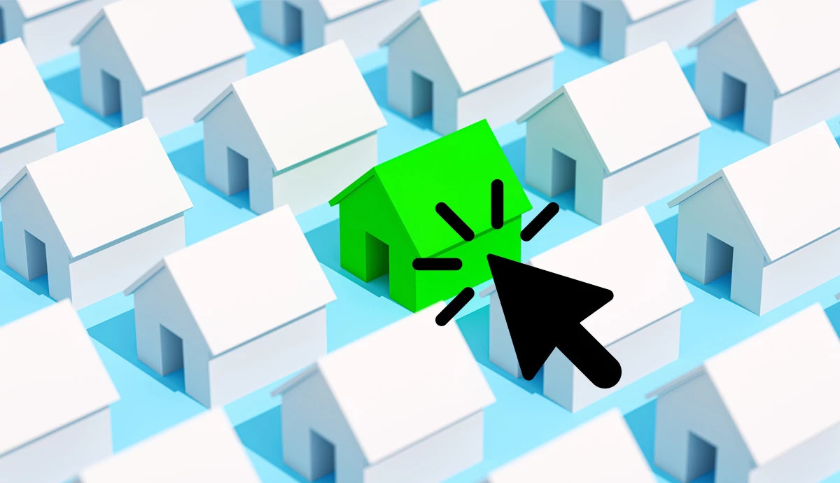 A graphic illustration of a green house surrounded by white houses