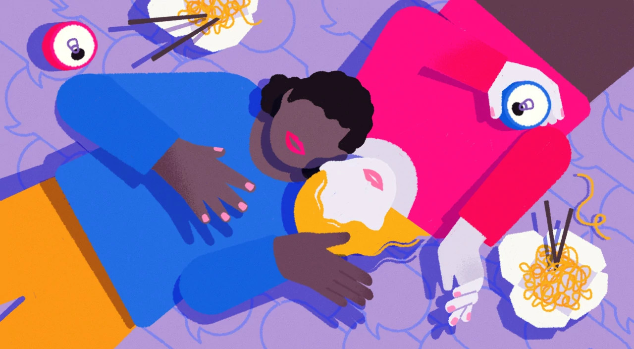 illustration of introvert friends laying on floor talking and eating ramen noodles