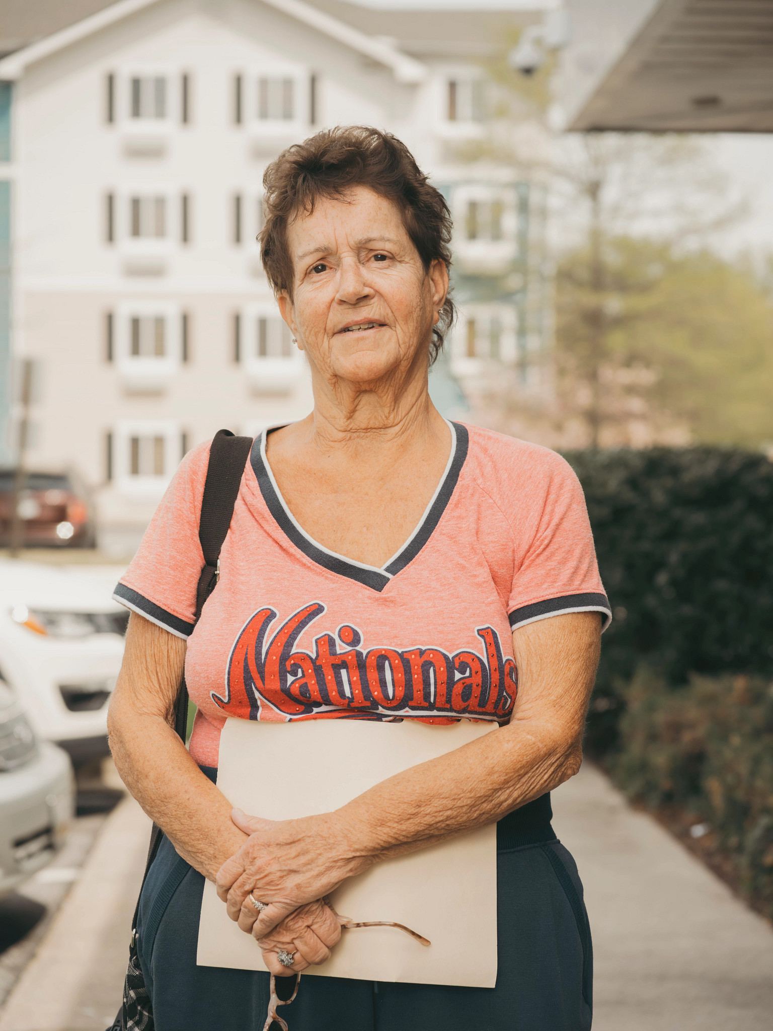 pam donbrosky wears a red and blue nationals t shirt