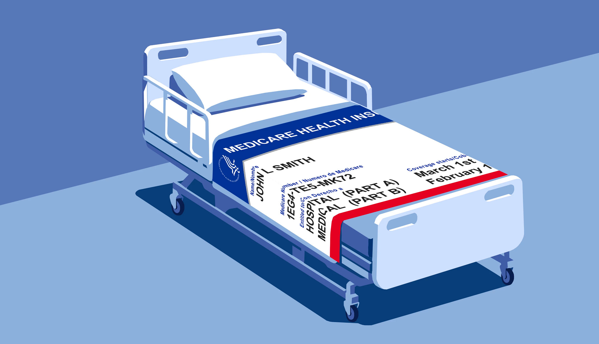 Illustration of a hospital bed that is styled like a giant Medicare health insurance card.