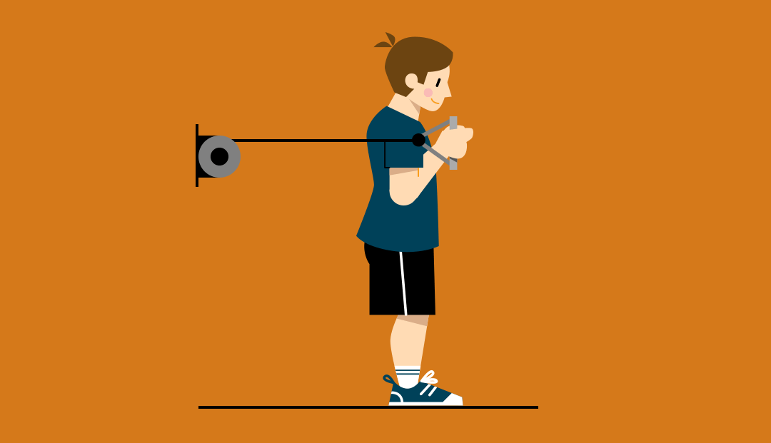 Un GIF ilustrado de un hombre de pie realizando un ejercicio de pecho con una máquina