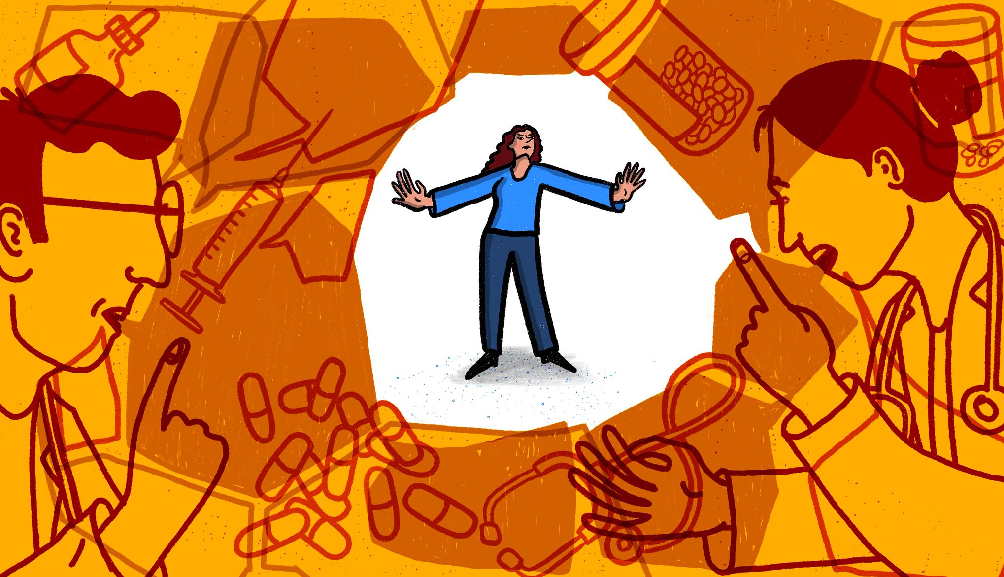 Cuando los médicos no respetan al cuidador Ilustración de un cuidador y personal médico