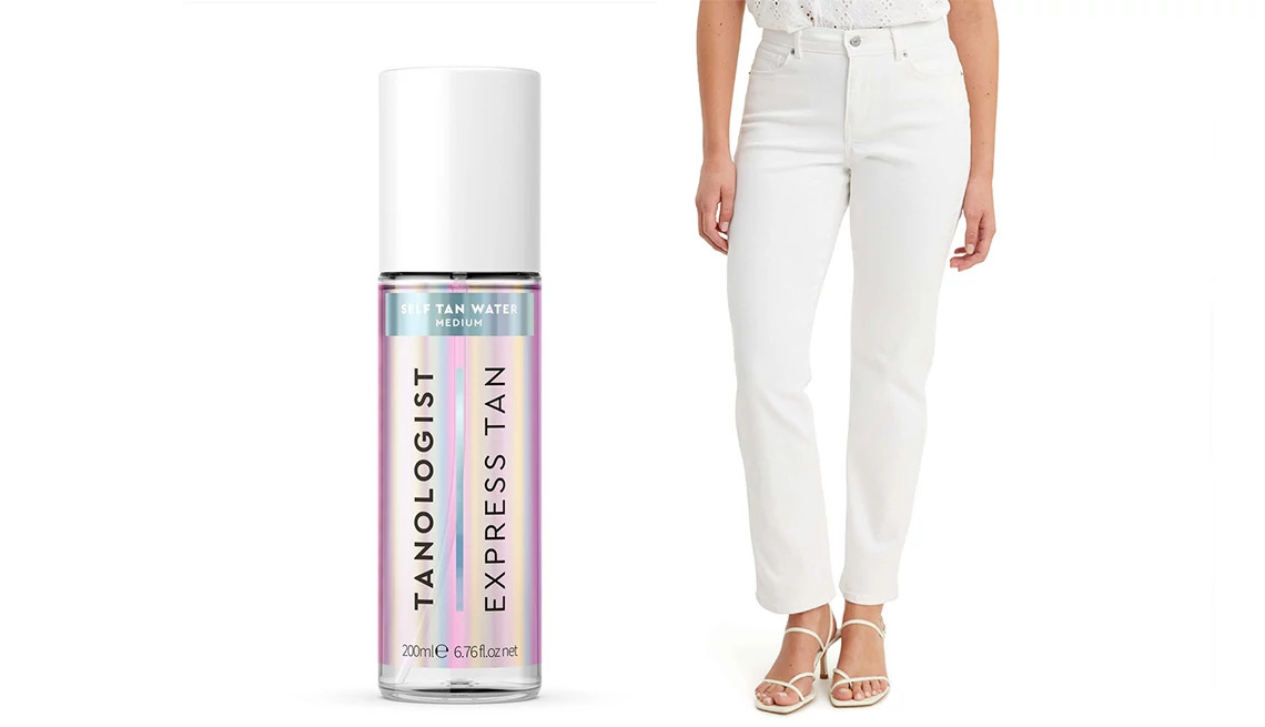 self tan product and a person wearing white jeans