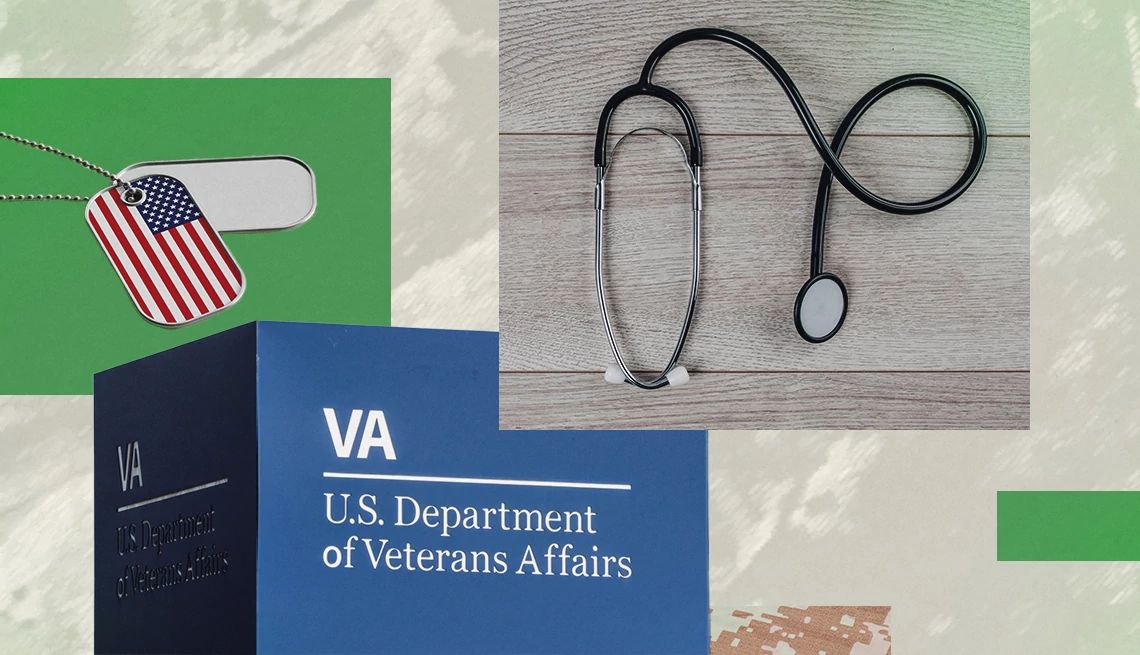 VA Benefits During a Shutdown a collage with a stethoscope military dog tags and a sign for the department of veterans affairs