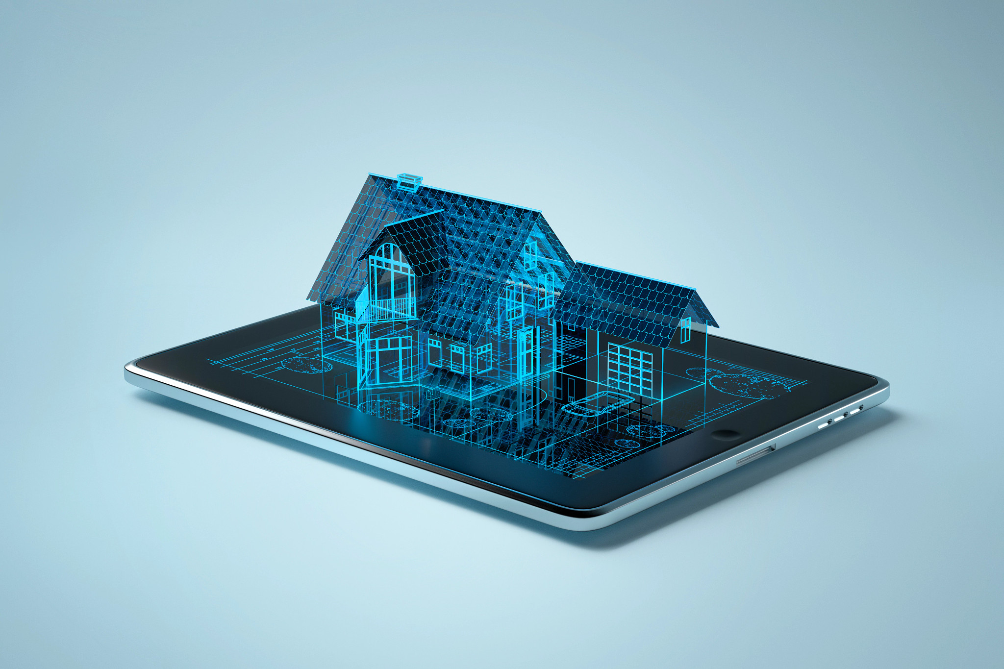 a tablet with a 3 d model of a home on top of it