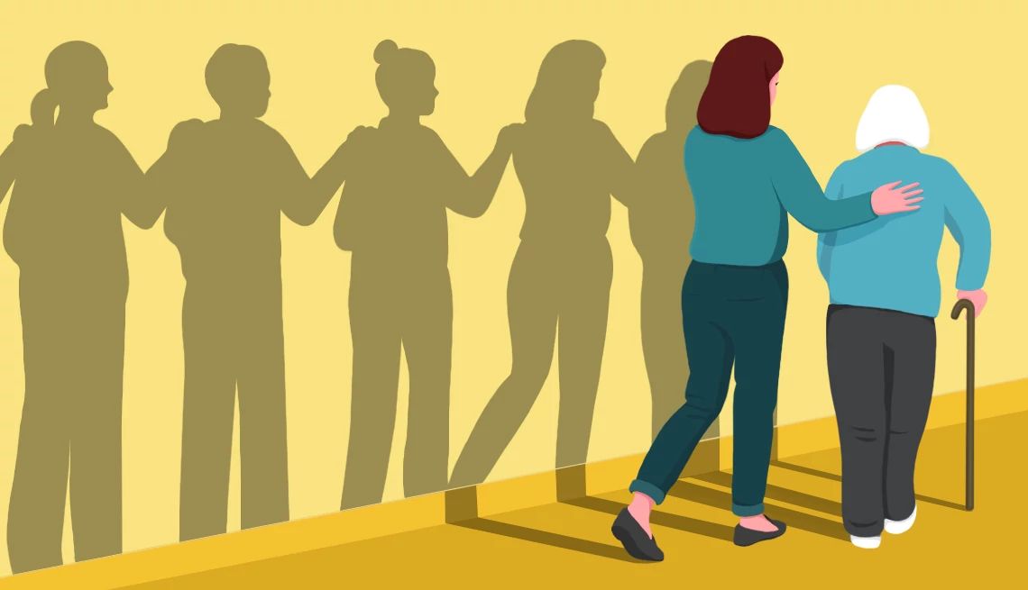 two people walk past shadows representing the people who supported their caregiving journey