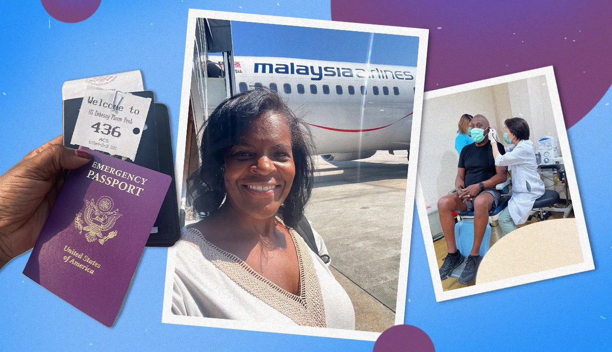 A collage showing an emergency passport, a woman smiling by a Malaysia Airlines plane, and a man receiving medical care