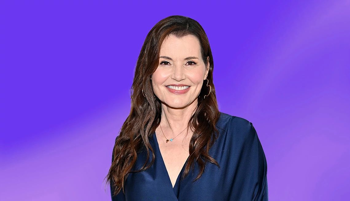 Geena Davis Interview Geena Davis against blueish purple ombre background
