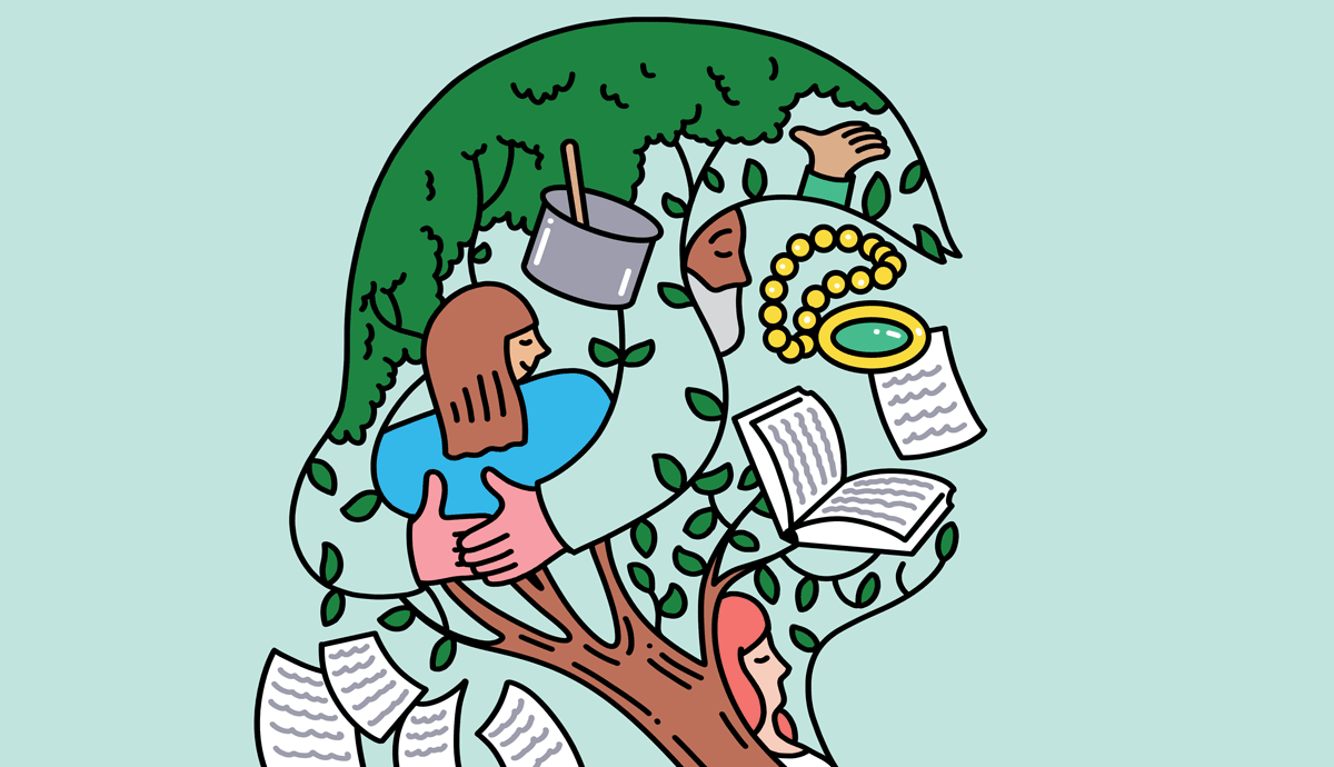 an illustration shows the outline of a woman’s head. The head is filled with a tree, a pot, people hugging, a book and paper documents