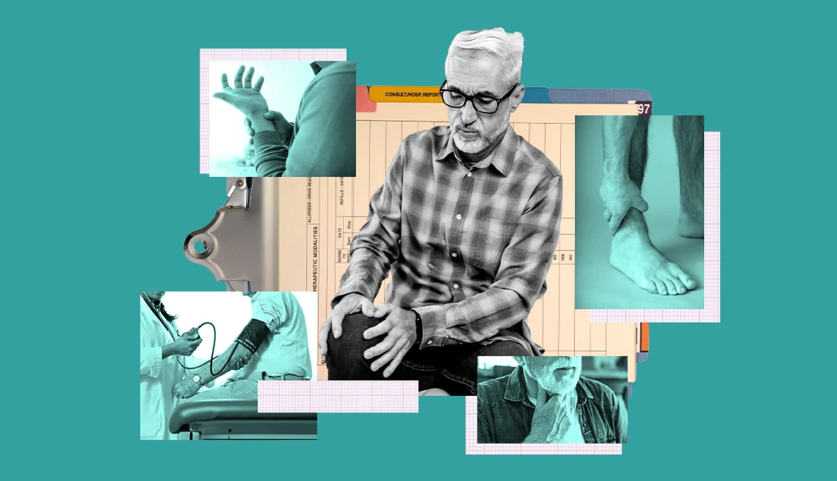 collage on a teal background featuring a central image of a man in a plaid shirt looking down and holding his knee. Surrounding him are smaller inset photos illustrating medical symptoms and exams