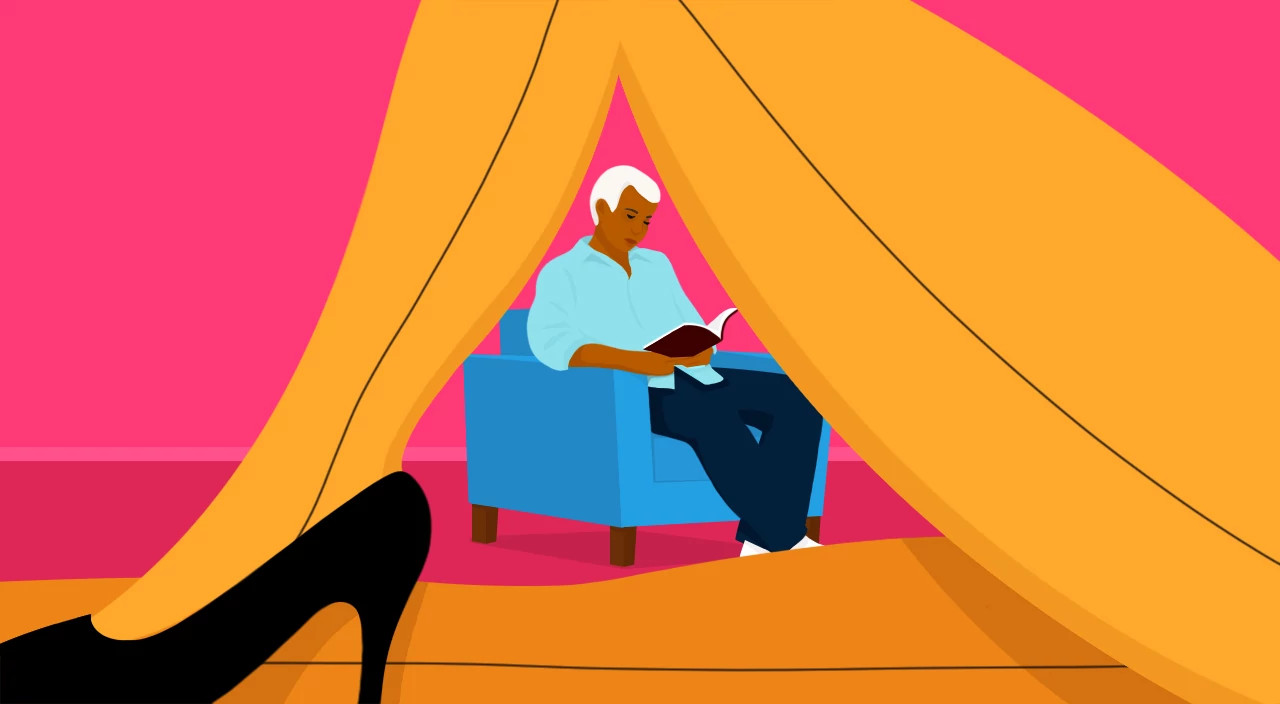 illustration of woman's leg trying to entice husband for sex