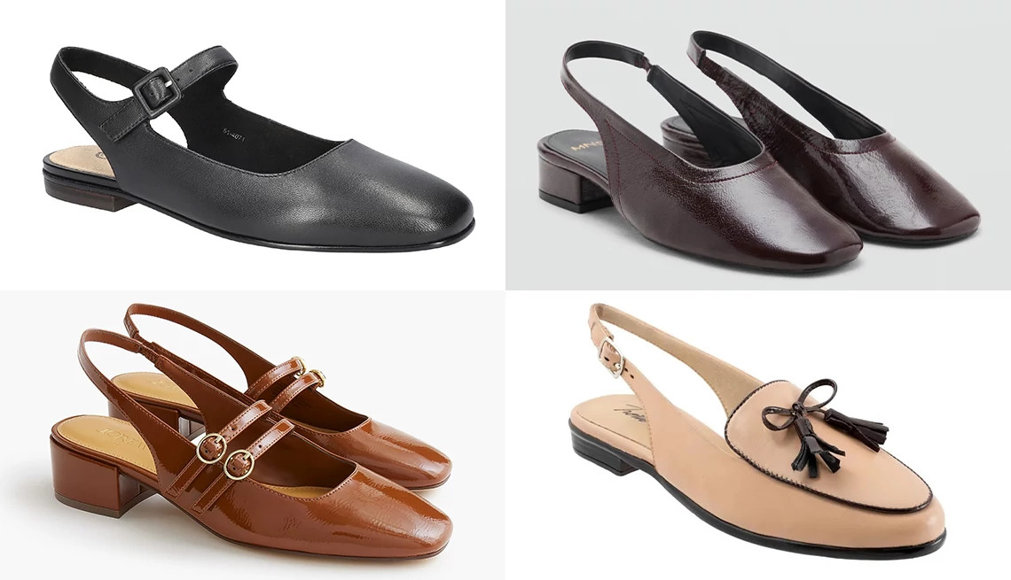 a collage showing four different styles of slingback shoes