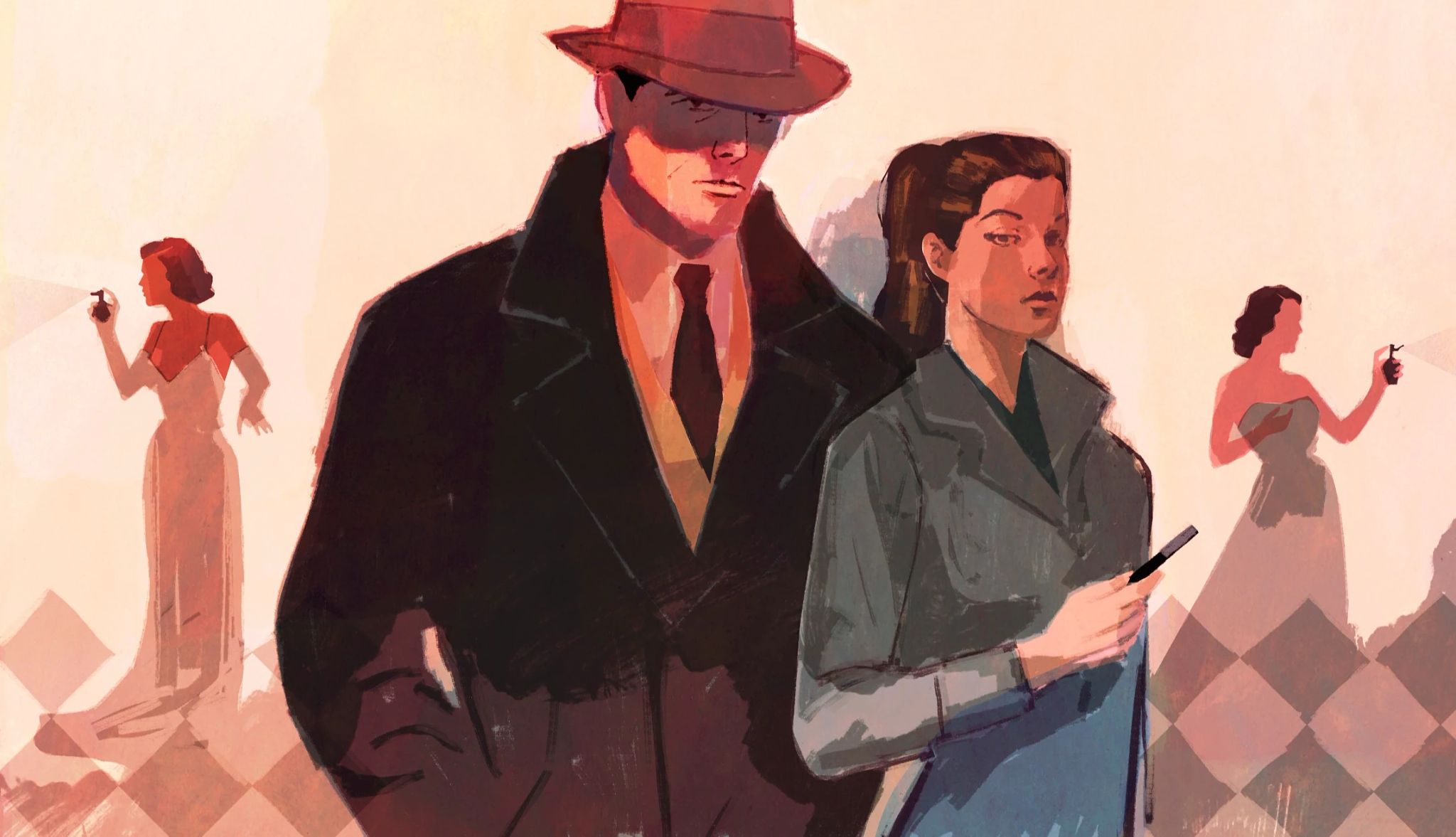 ‘The Christmas Mystery’ Prologue and Chapters 1-4 An illustration of a man and woman wearing trench coats with women in formal gowns in the background