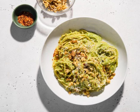 Spaghetti with Broccoli-Miso Sauce and Toasted Walnuts