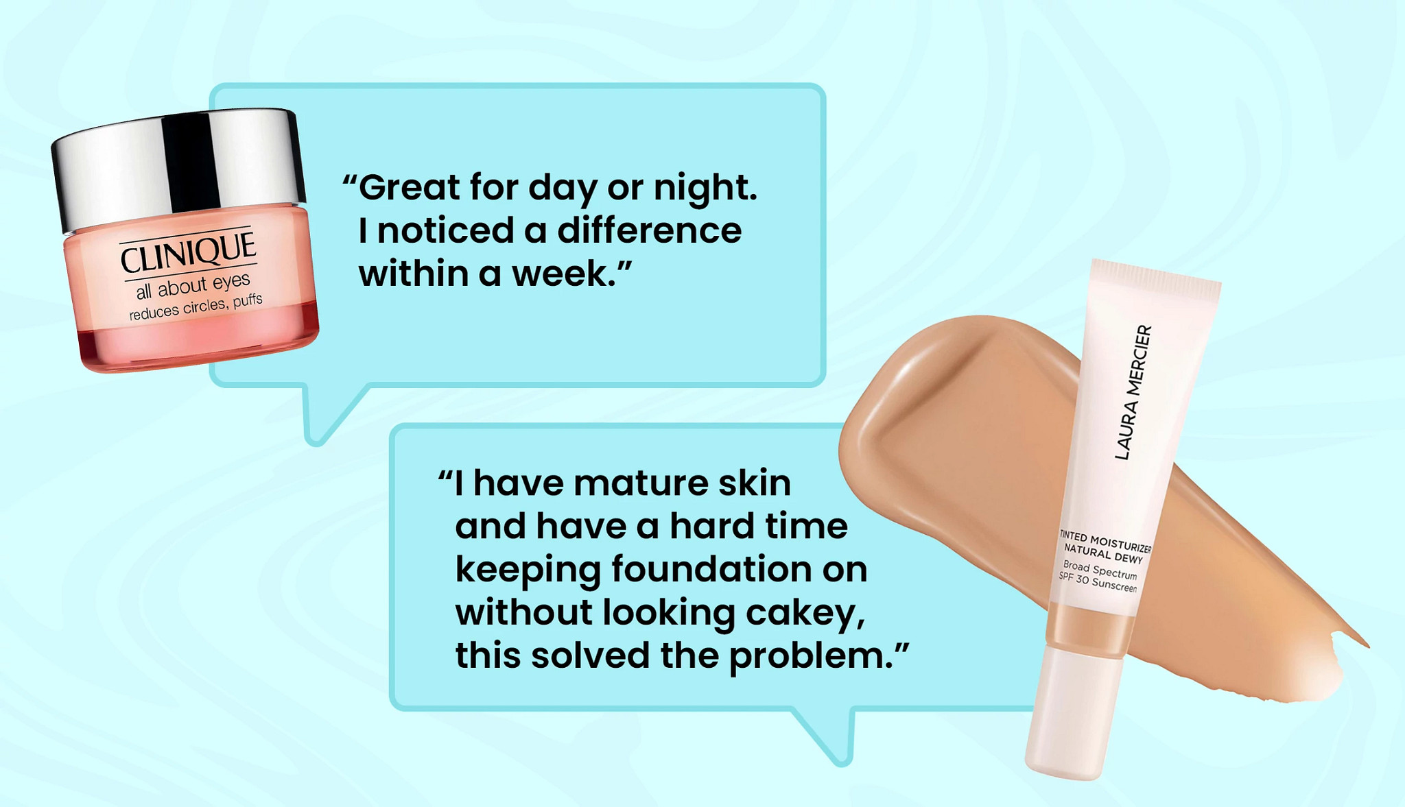 two different luxury beauty products shown beside customer reviews inside speech bubbles