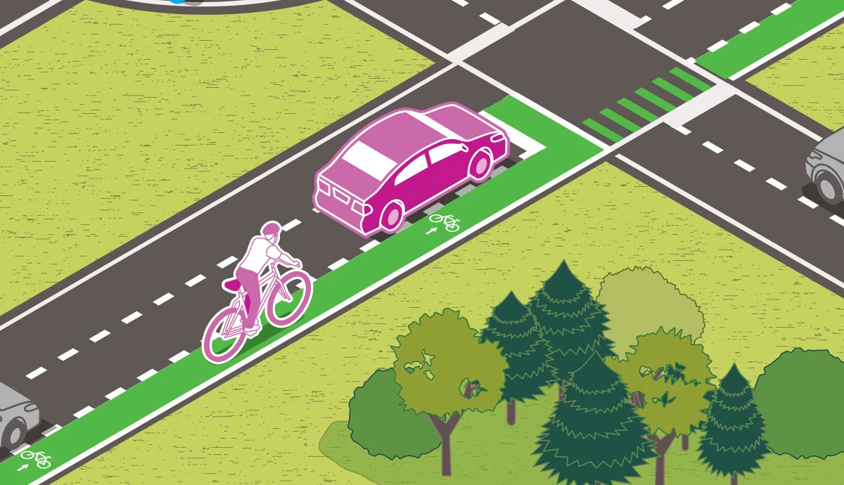 a graphic illustration with a three quarters view shows car sharing the road with cyclist in the cycling lane