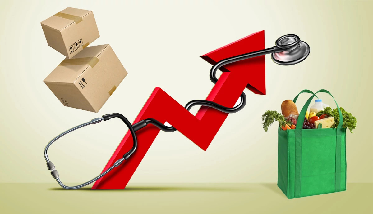 shipping boxes, a stethoscope and a bag of groceries surround a red arrow that zigs and zags upward on a light green and white background