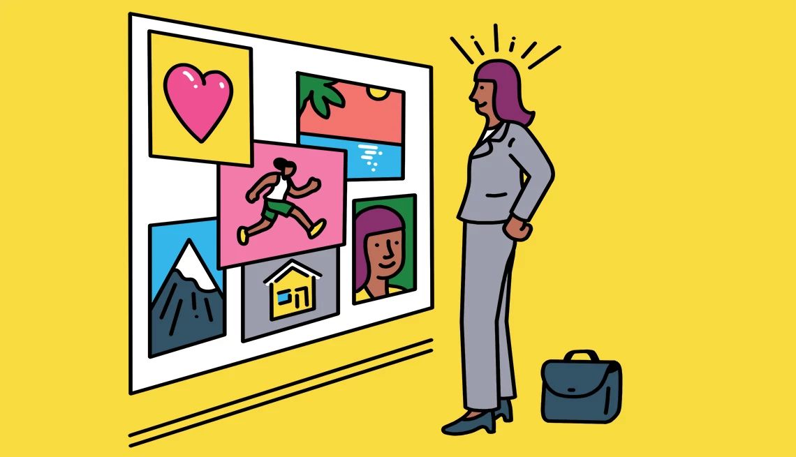 Design a vision board Illustration of person looking at board that has pictures on it