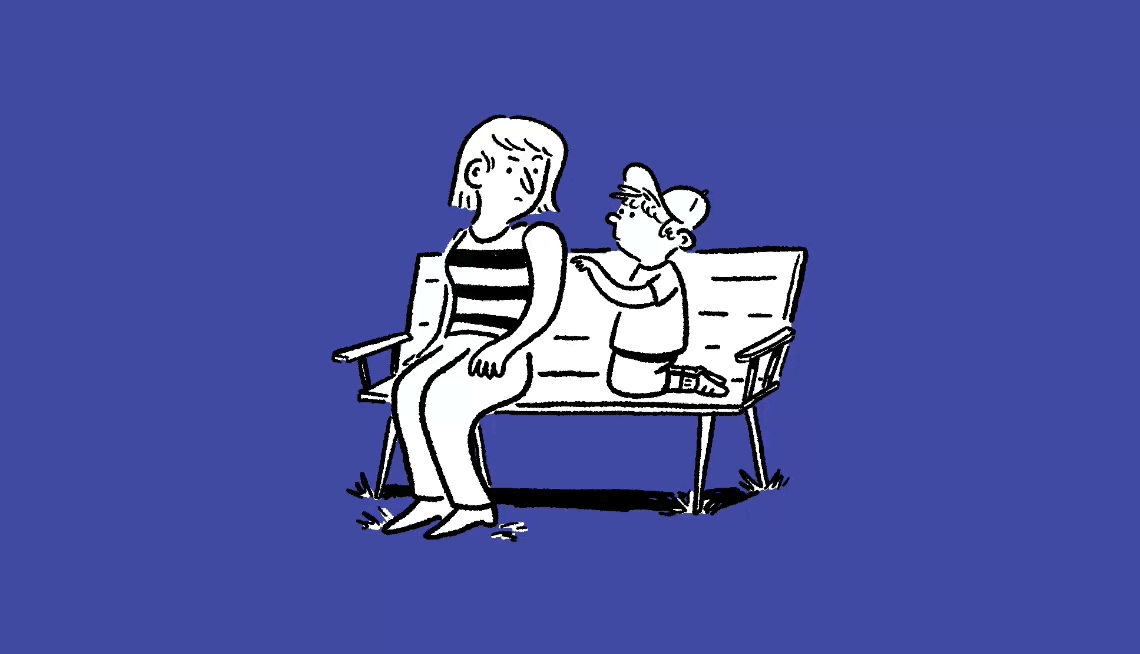 illustration of a woman on a bench being poked by a child and bruising