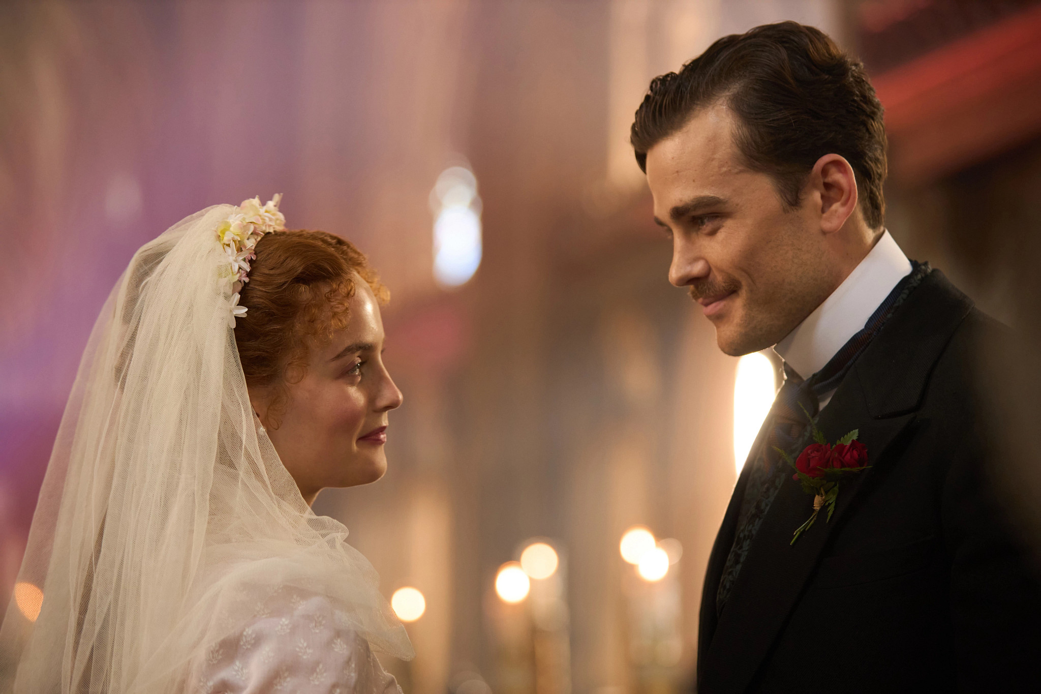 millie gibson and joshua orpin in a scene from the forsytes