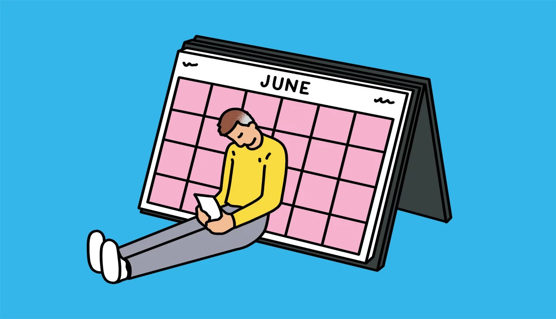 Illustration of person sitting in front of giant calendar looking at picture