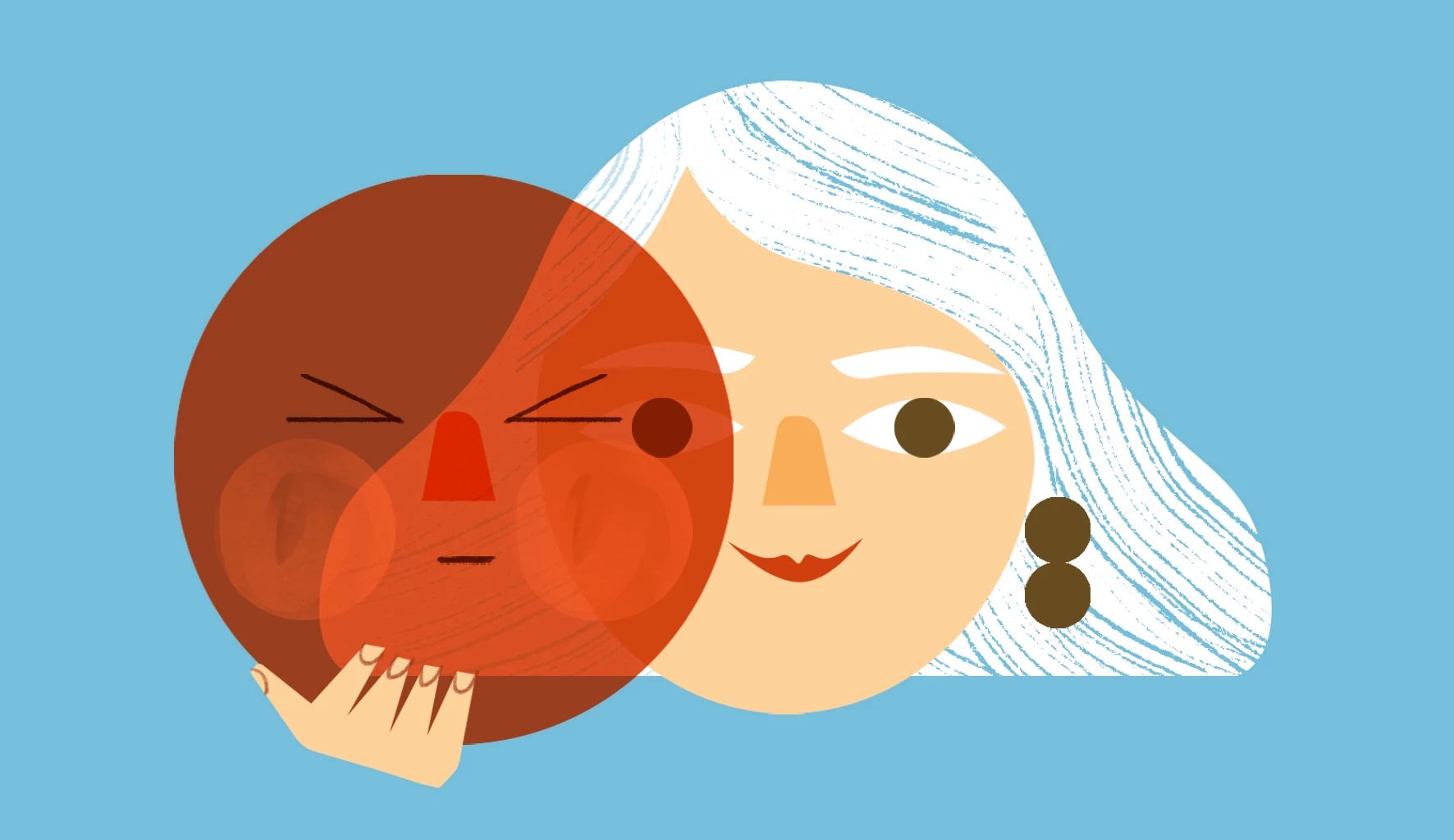 How I overcame shame illustration of an older woman holding a red mask next to her face