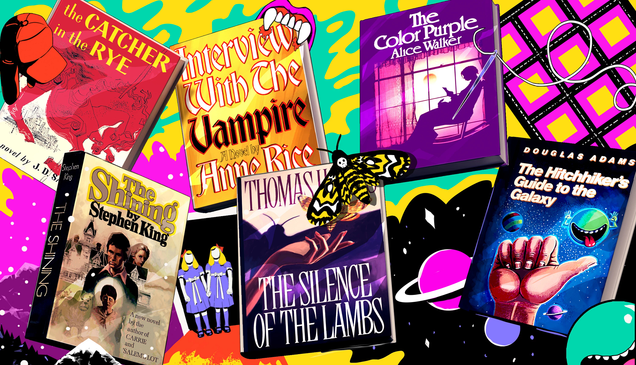 various books grouped together with graphics that illustrate what the books are about