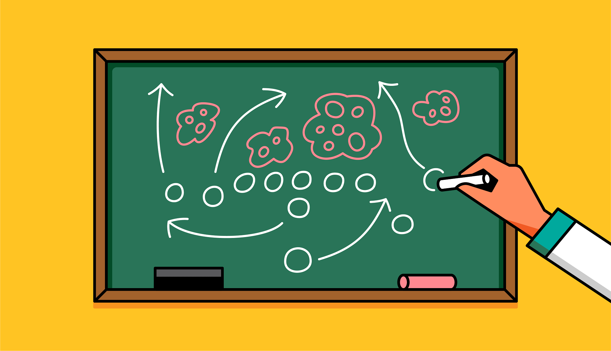 illustration of a doctor making a play on a chalkboard against cancer cells