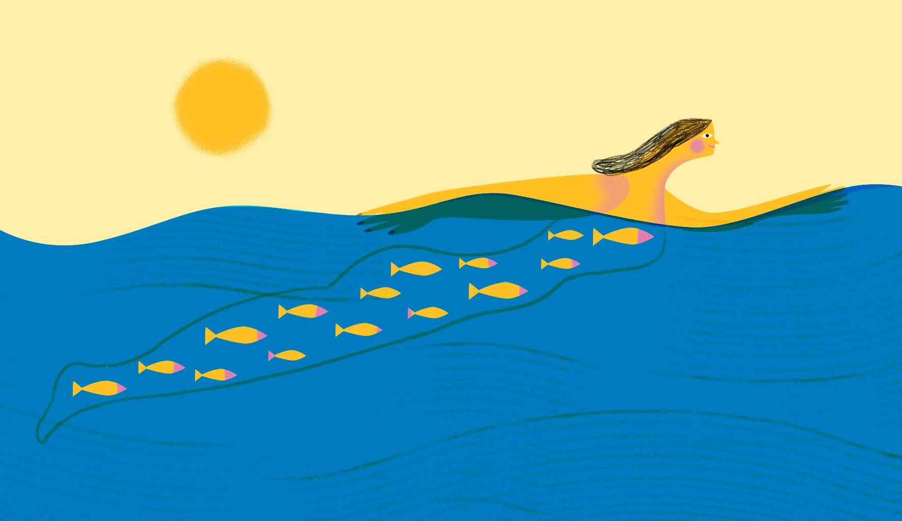 What a nudist resort taught me about my body an illustrated person swims in the water on a sunny day