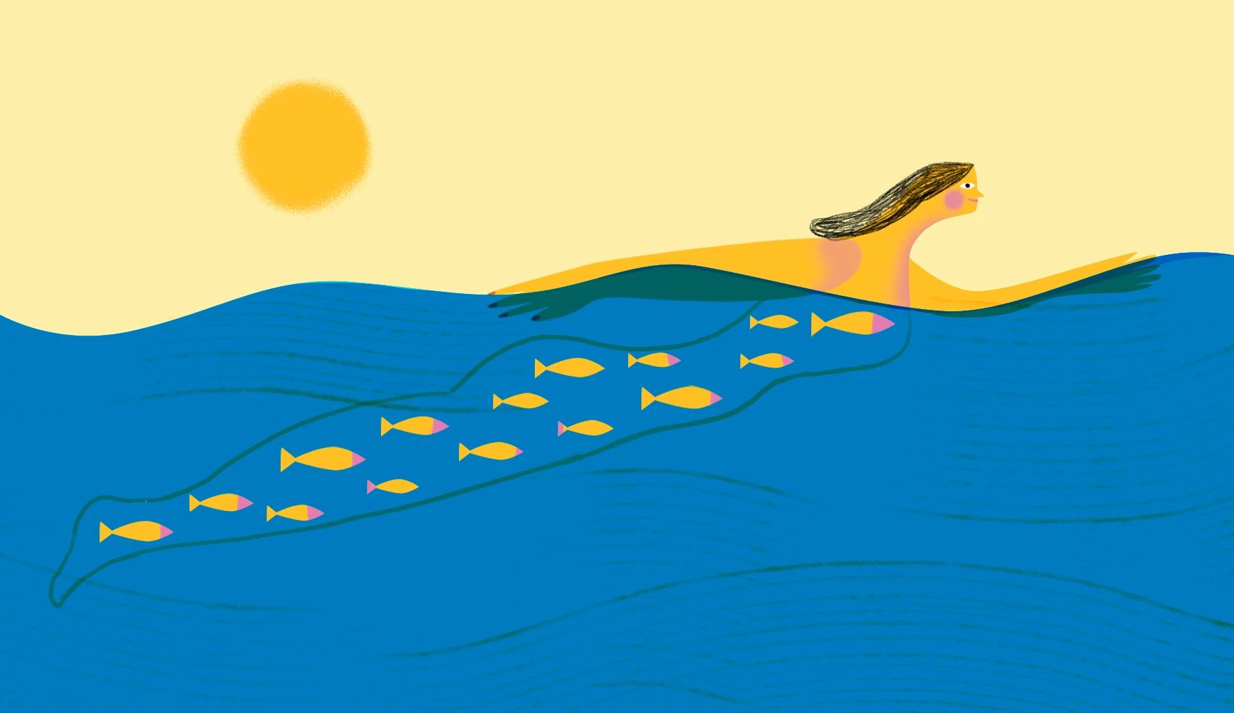 an illustrated person swims in the water on a sunny day