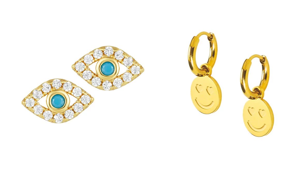 Adornia 14K Yellow Gold Plated Evil Eye Stud Earrings in Yellow; Hoops + Chain LDN Smiley Huggies