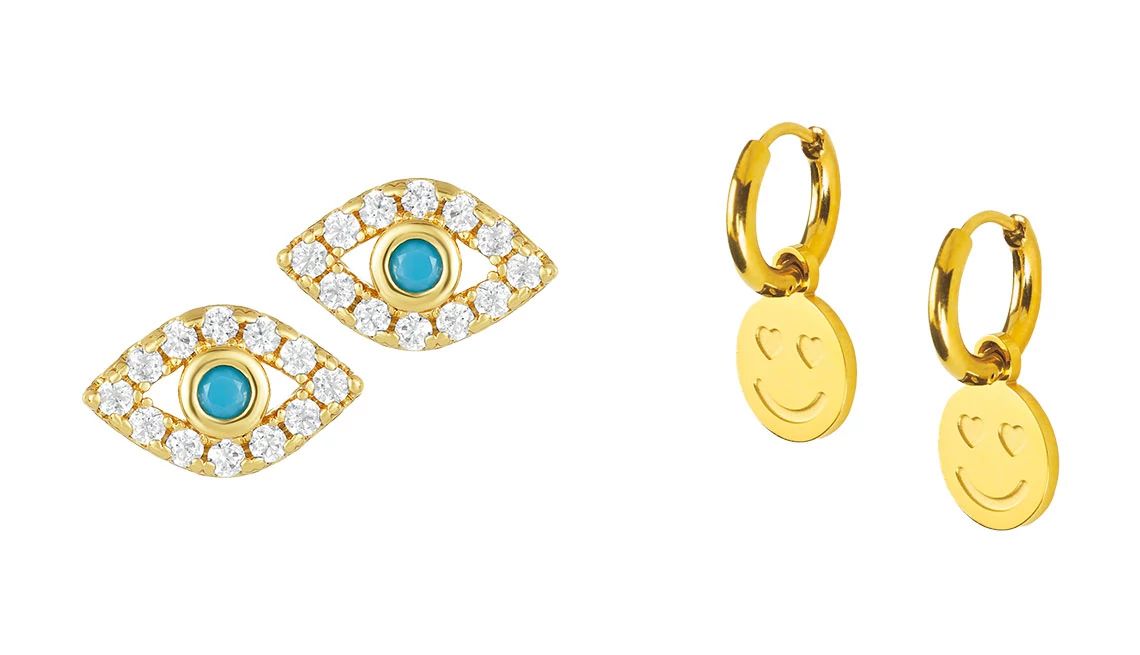 Adornia 14K Yellow Gold Plated Evil Eye Stud Earrings in Yellow; Hoops + Chain LDN Smiley Huggies Adornia 14K Yellow Gold Plated Evil Eye Stud Earrings in Yellow; Hoops + Chain LDN Smiley Huggies