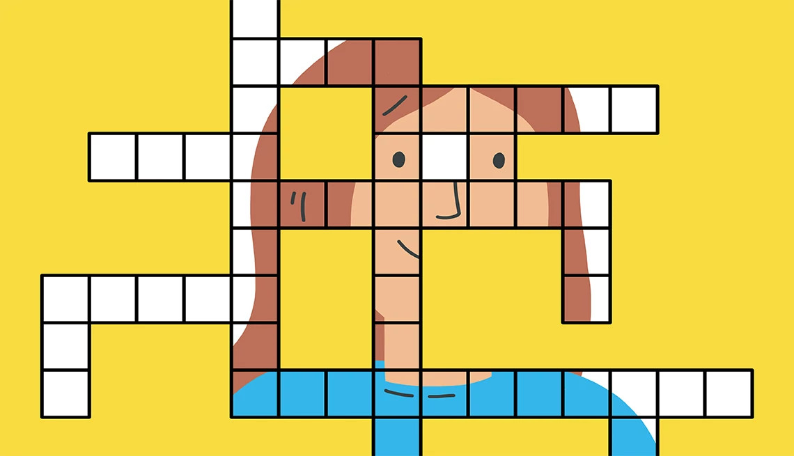 illustration of a person’s face overlaid with the grid of a crossword puzzle against a bright yellow background
