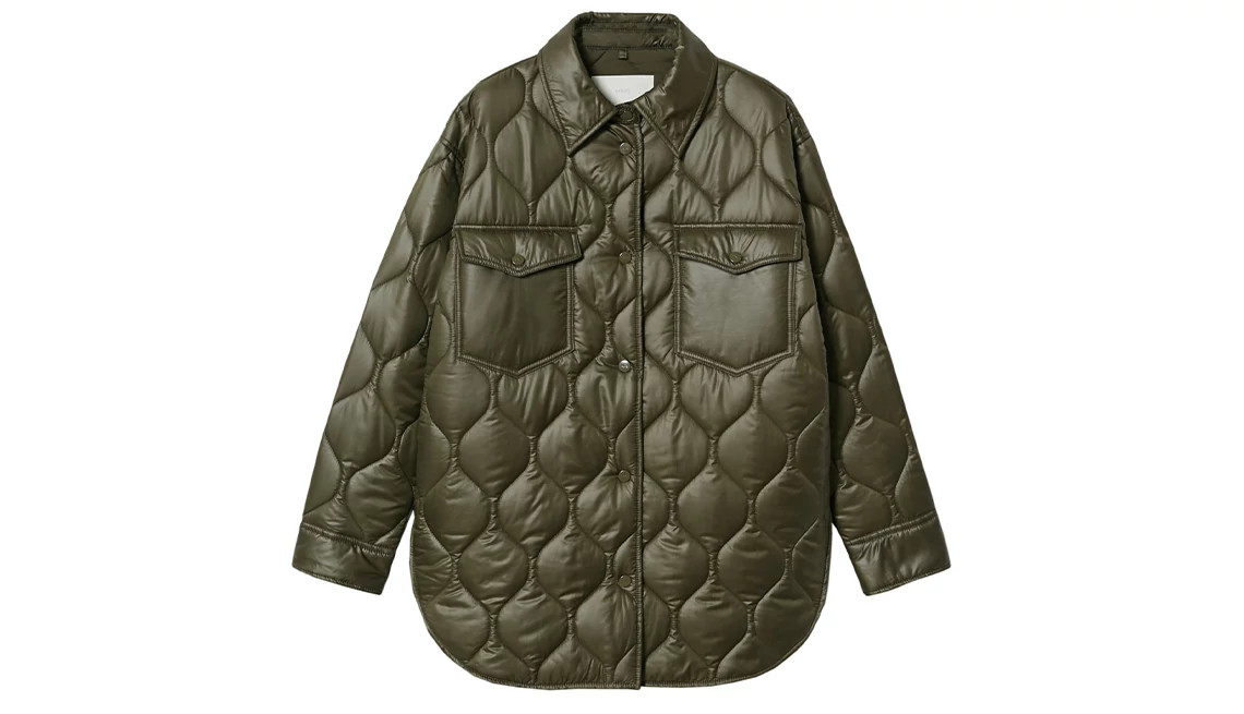 Olive green quilted raincoat with button front and chest pockets displayed on a white background